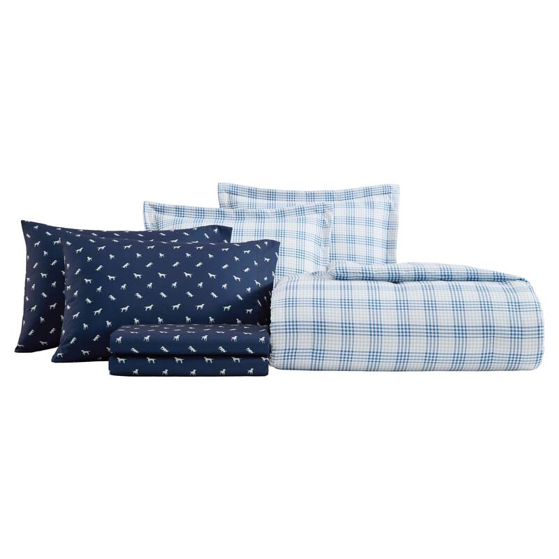 Eddie Bauer Beach Pine Plaid Reversible Blue Comforter Bonus Set