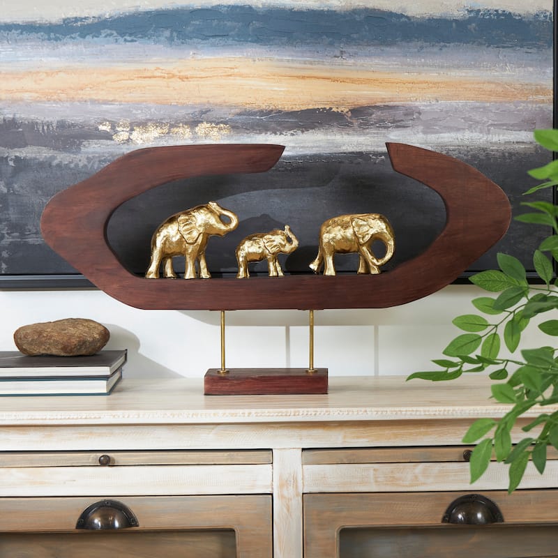 Gold Aluminum Metal Elephant Sculpture with Brown Wooden Frame - Gold - 27"W,14"H