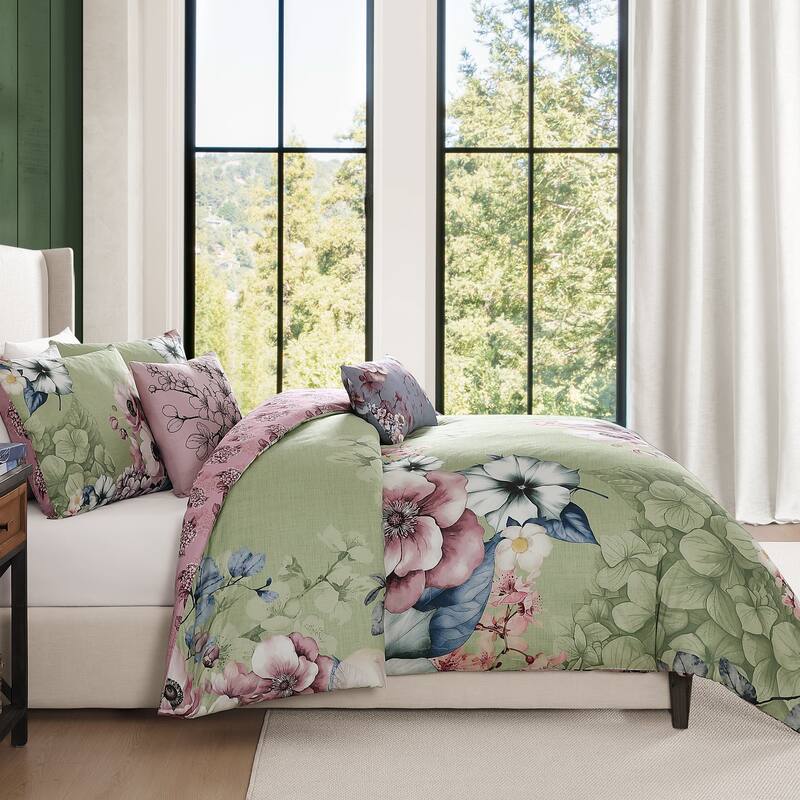 Bebejan Lilac Cascade on Olive 100% Cotton Sateen 5 Piece Reversible Comforter Set