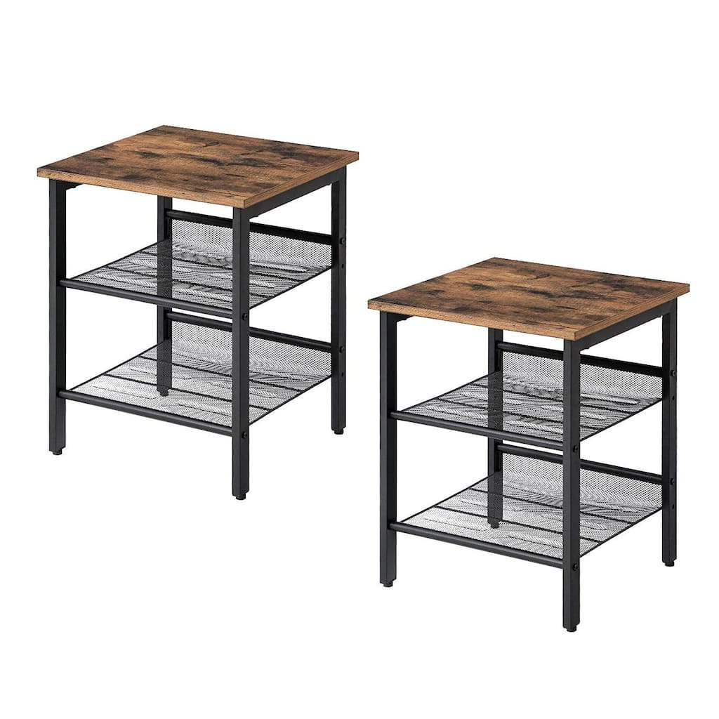 Set of 2 Side Table Nightstand with Medium Wood Finish Top and Mesh Shelves - 15.7"L x 15.7"W x 19.7"H