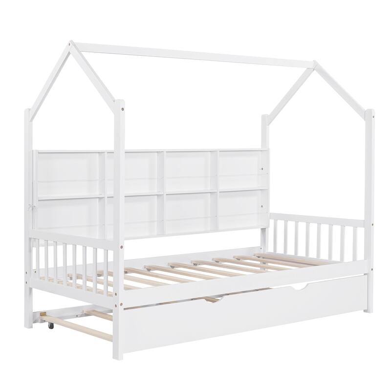 White Twin Size House Bed with Trundle and Shelf for Kids, Space-Saving Design, Semi-Enclosed Play Area