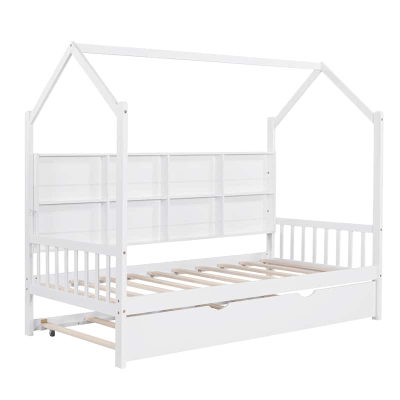 Wooden Twin Size House Bed with Trundle Kids Bed with Shelf - White