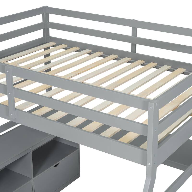 Gray Full Pine Loft Bed with Desk and Storage