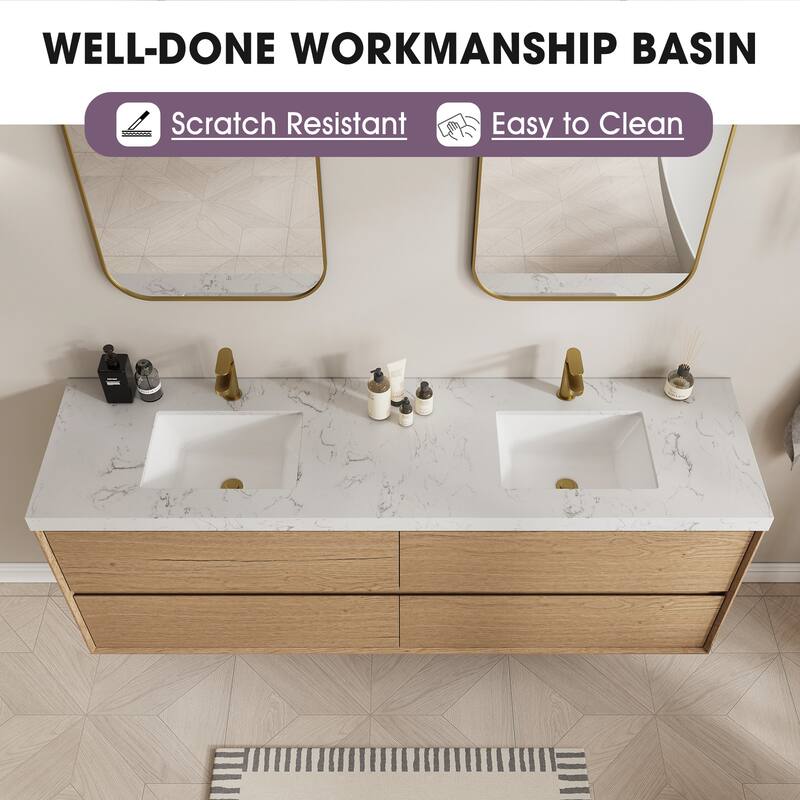 Sylphar 72 inch Bathroom Vanity with Sink, Floating Oak Cabinet with Stone Top