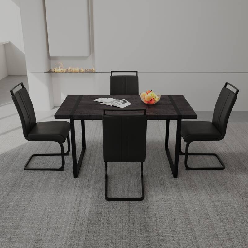 5-Piece Farmhouse Dining Set with Metal Frame, Leather Upholstered Dining Chairs Black Rectangular Side Table - Black