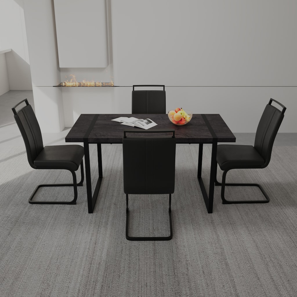 5-Piece Farmhouse Dining Set with Metal Frame, Leather Upholstered Dining Chairs Black Rectangular Side Table