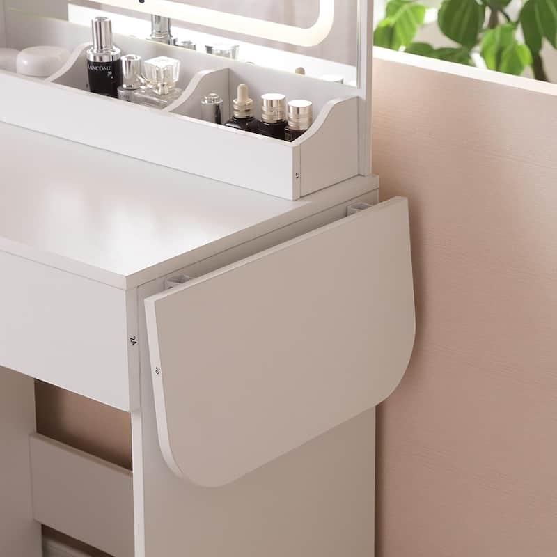 Makeup Vanity Desk with Charging Station, Lighted Mirror, Foldable Top & Storage Stool - 3 Light Modes