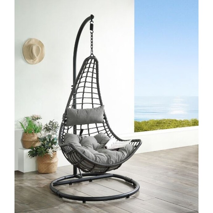 Patio Hanging Chair with Stand Gray Fabric and Charcaol Wicker