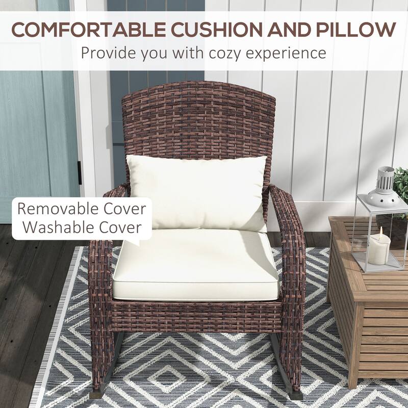 Outdoor Wicker Adirondack Rocking Chair, Patio Rattan Rocker Chair with High Back, Seat Cushion, and Pillow