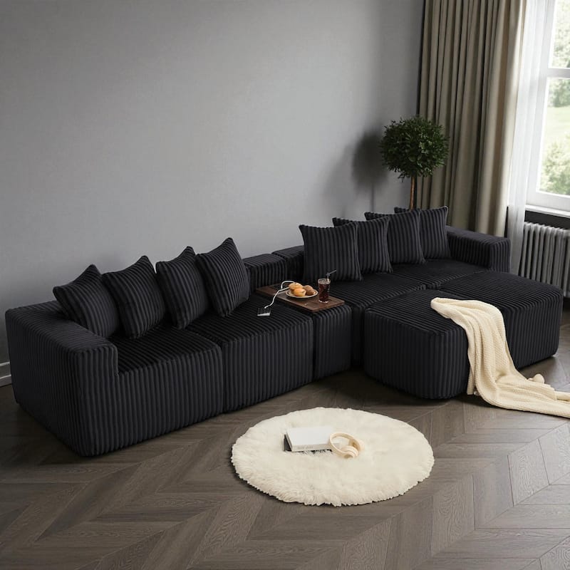 137.5" U-Shaped Modular Sofa with USB & Wireless Charging, Coffee Table Board, Cup Holders, Movable Footstool, Corduroy