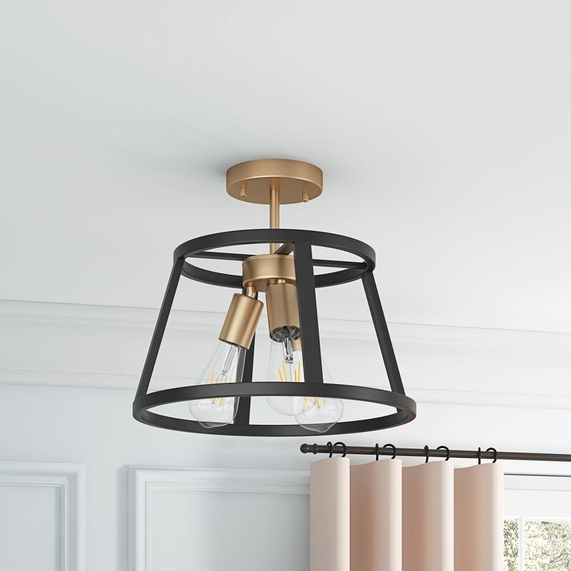 Matte Black 3-Light Openwork Metal Drum Shade Semi-Flush Mount Ceiling Light Fixture