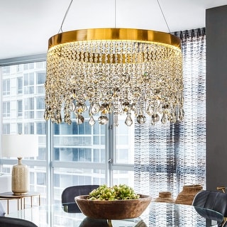 Round Modern Gold Crystal Fringe LED Chandelier 24" 30W for Dining Room ...