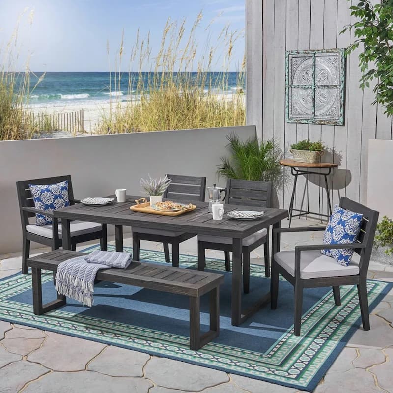 Outdoor 6-Seater Acacia Wood Dining Set,Dark grey