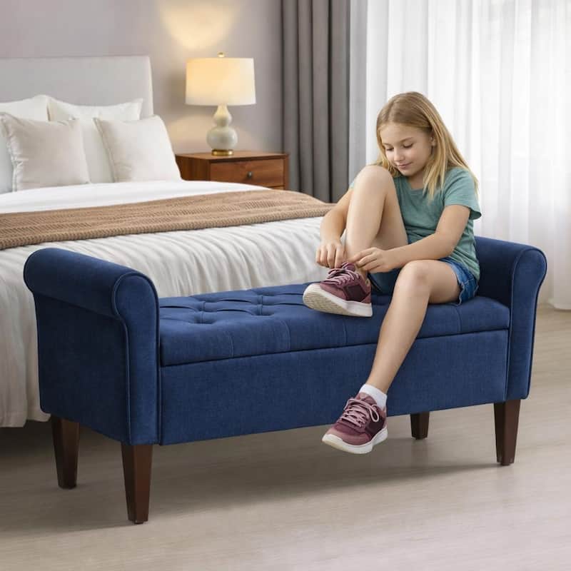Upholstered Storage Bench Arm Bench Entryway Bench with Tufted Flip Top 50.4 Inches