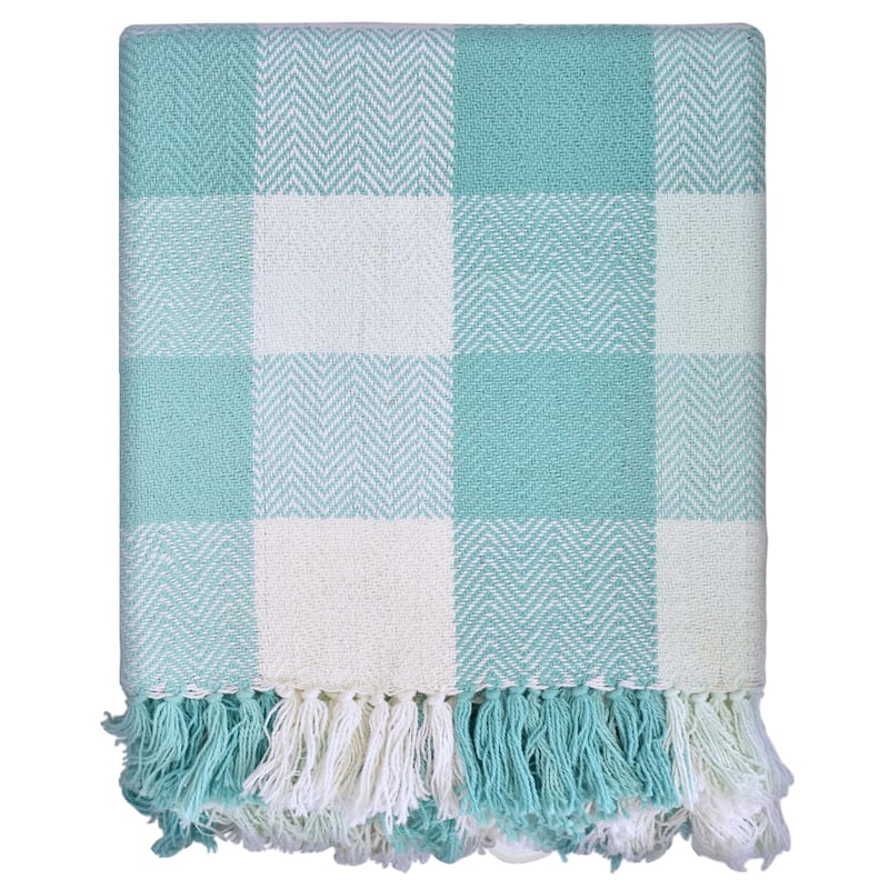 Fabstyles Herringbone Checkered Cotton Throw Blanket with Fringes