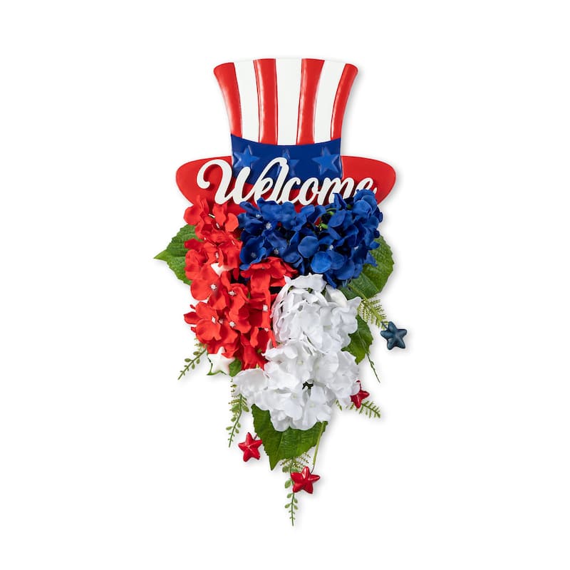 Glitzhome 22.5"H Patriotic July 4th Metal Top Hat & Hydrangea Swag Wall Decor