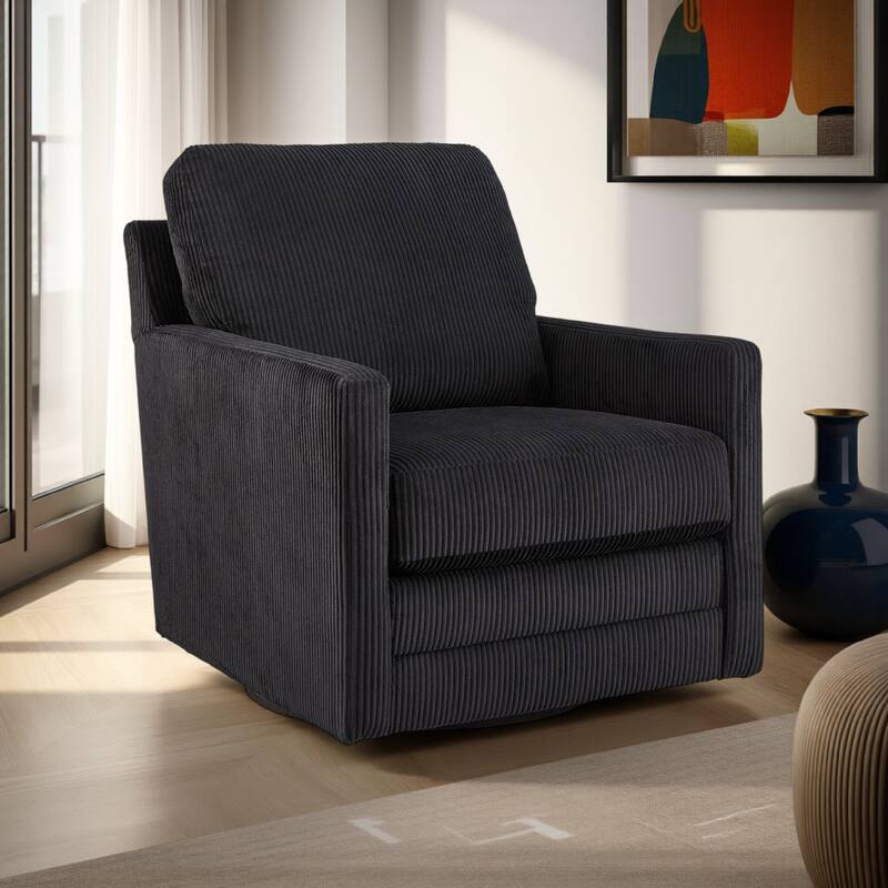 Lipo Swivel Accent Chair, Black Corduroy, 30 Inch, Plush Cushions
