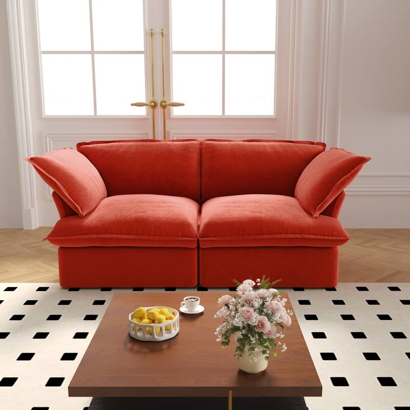 Loveseat Velvet Sectional Sofa, Comfy Down Feather Wide Deep Seat Modular Couch - Red