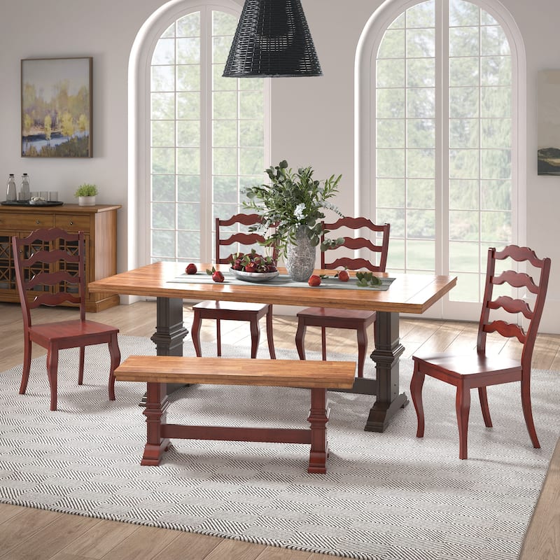 Ronda 78" Rectangular Solid Wood Top Dining Set with French Ladder Back Chairs - Antique Black Table - Berry Red Chairs and Bench