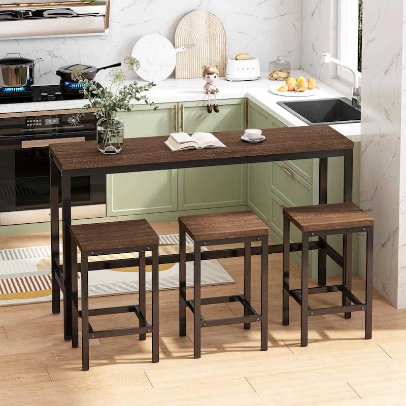 Long Dining Table Set with 3 Stools Pub Kitchen Set Side Table with Footrest