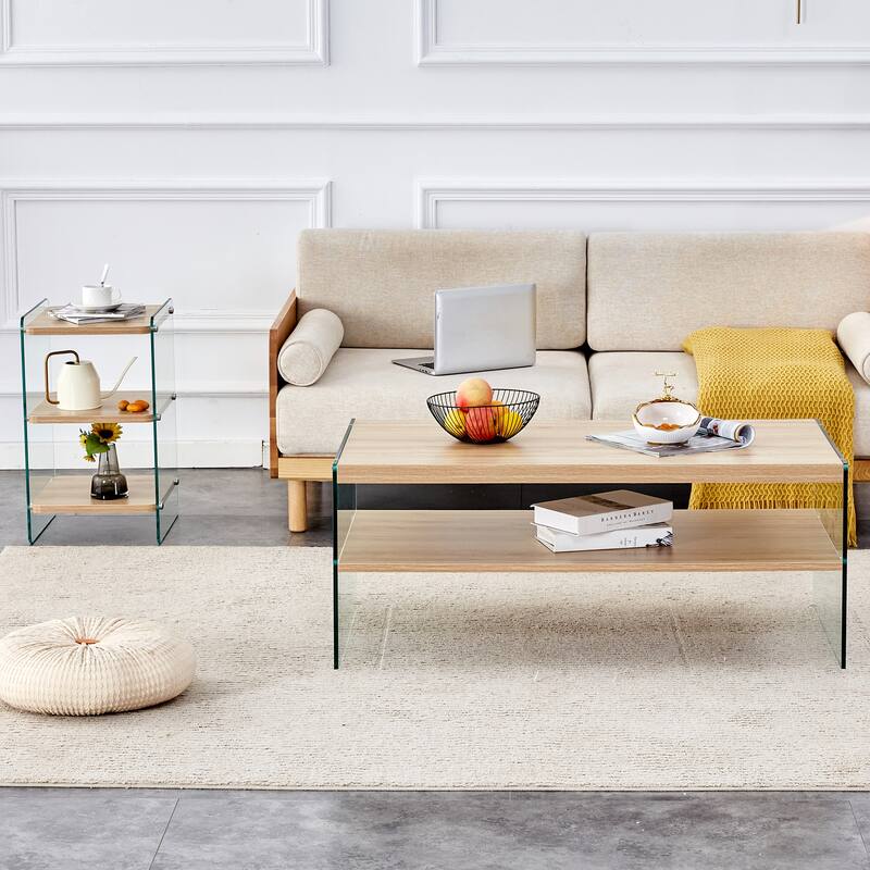 43.3" Modern Rectangular Coffee Table with Tempered Glass Legs and Storage Shelf