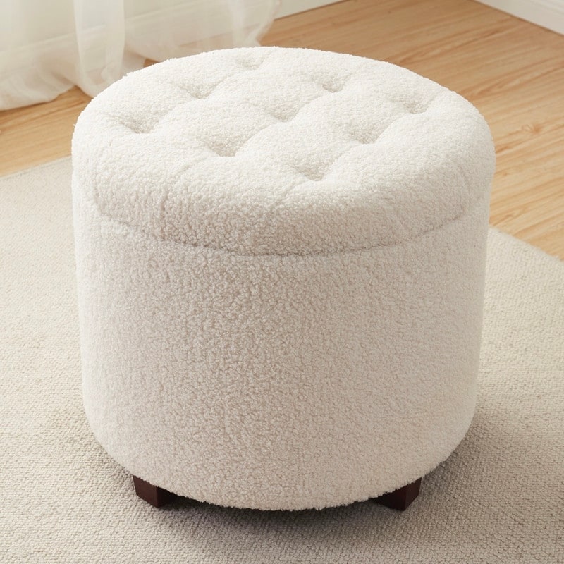 Round Tufted Boucle Teddy Storage Ottoman