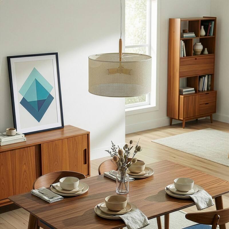 Choi Natural Woven Drum Pendant Light with Wooden Accents