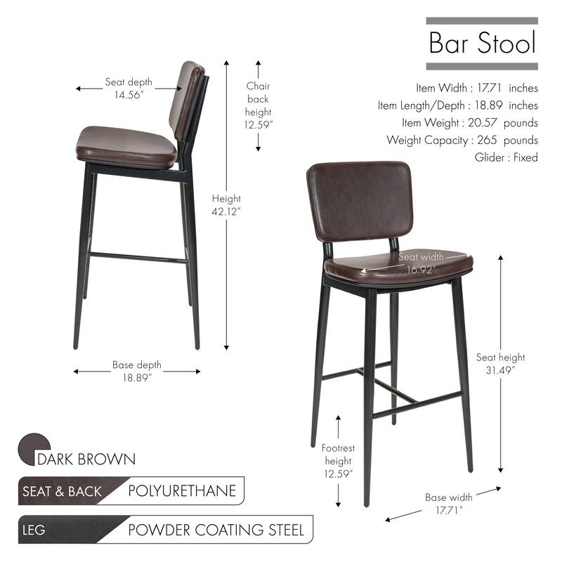 Porthos Home Mori Bar Stools Set of 2, PU Leather, Steel Legs