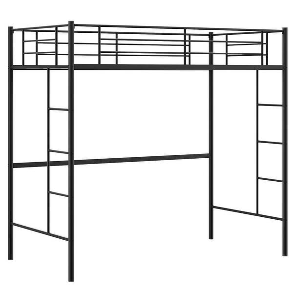 slide 2 of 9, Twin Size Space-saving Metal Loft Bed with Full-Length Guardrail and 2 Ladders-Black - Black