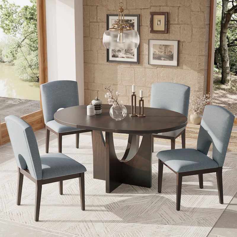 Modern 5-Piece Round Dining Set with 16.2" Removable Leaf - Espresso+Grey