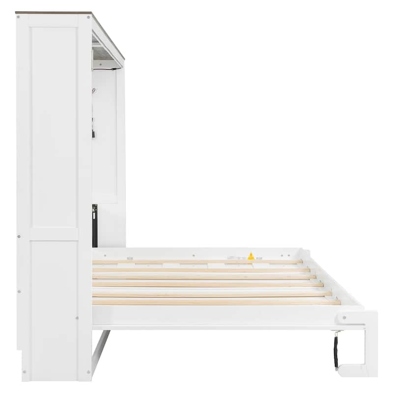 Roomfitters Full/Queen Size Murphy Bed with Desk, LED Light and Hydraulic Lift, Cabinet Design