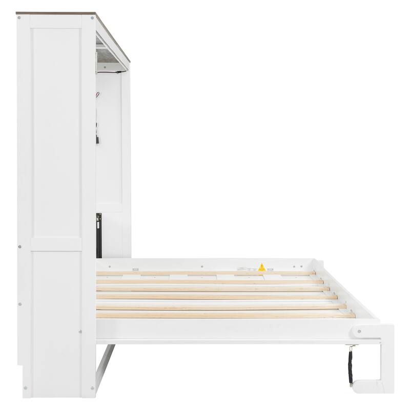 Wooden Murphy Bed with Desk and LED Light/Foldable Wall Bed Cabinet/Hydraulic Lift System/Wood Slats Support/Space-Saving Design