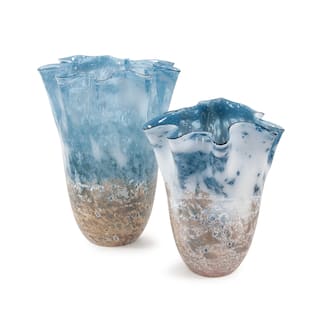 Allan Andrews Handmade Blue & Beige Seaside Decorative Ruffled Glass Vase