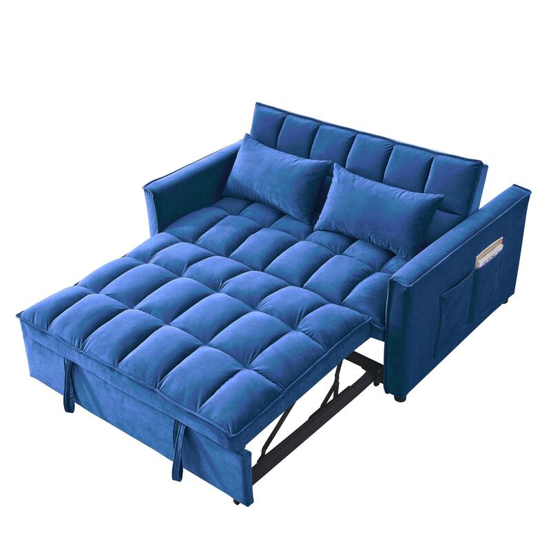 Velvet Sofa Bed, Convertible Pull-Out Couch Loveseat with 3-Level Adjustable Backrest, Sleeper Sofa with Side Pockets