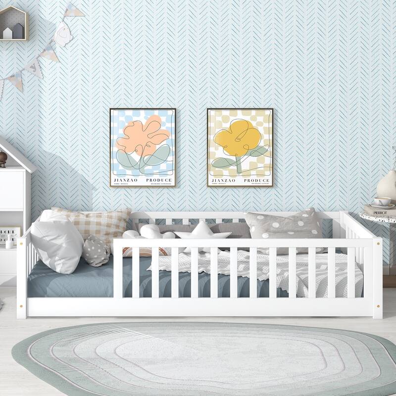 Twin Size Floor Bed With Fence Without Door, Rubber Wood Floor Bed With Safety Guardrails