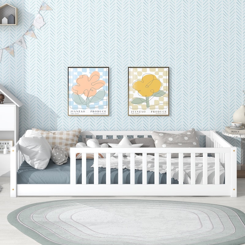 Twin Size Floor Bed with Fence and Safety Guardrails, without Door
