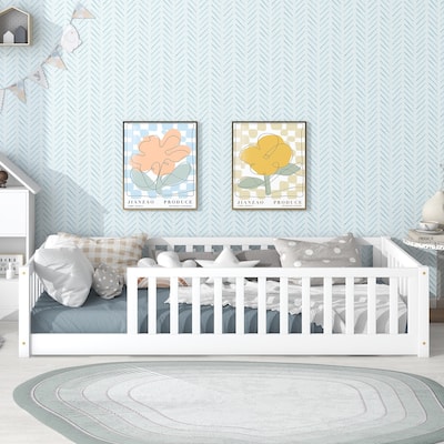Twin Size Floor Bed with Fence and Safety Guardrails, without Door