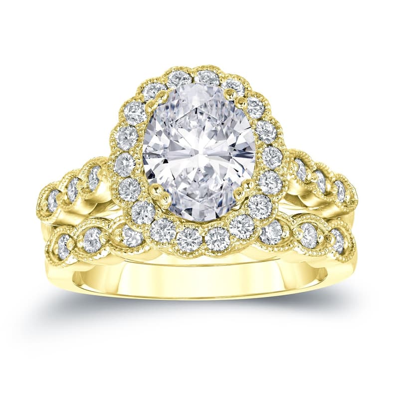 Auriya 14k Gold 3 1/10ctw Vintage Oval Halo Diamond Engagement Ring Set Certified - Yellow - 4