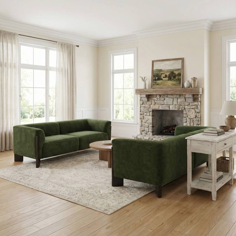 2 Set Modern Deep Seat Tuxedo Arms Sofa Loveseat