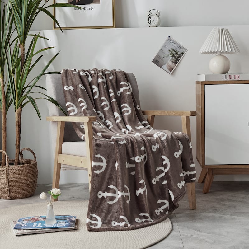 Microplush Fleece Ultra-soft Patterned Velvet Throw Blanket - Brown anchor