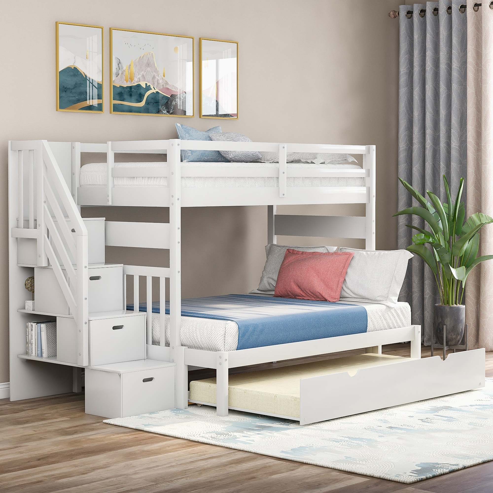 Convertible Twin Over Full Bunk Bed with Trundle and Stair Storage, Durable Wood Frame