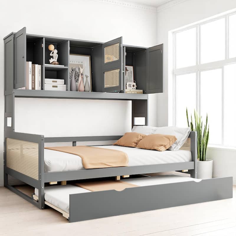 Wooden Twin/Full Daybed with Trundle Bed, Storage Shelves and Cabinet, No Box Spring Required, Rattan Design - White - Full