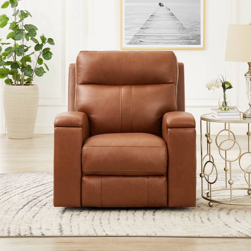 Hydeline Venice Zero Gravity Power Recline and Headrest Top Grain Leather Recliner with Cup Holder - Cinnamon Brown