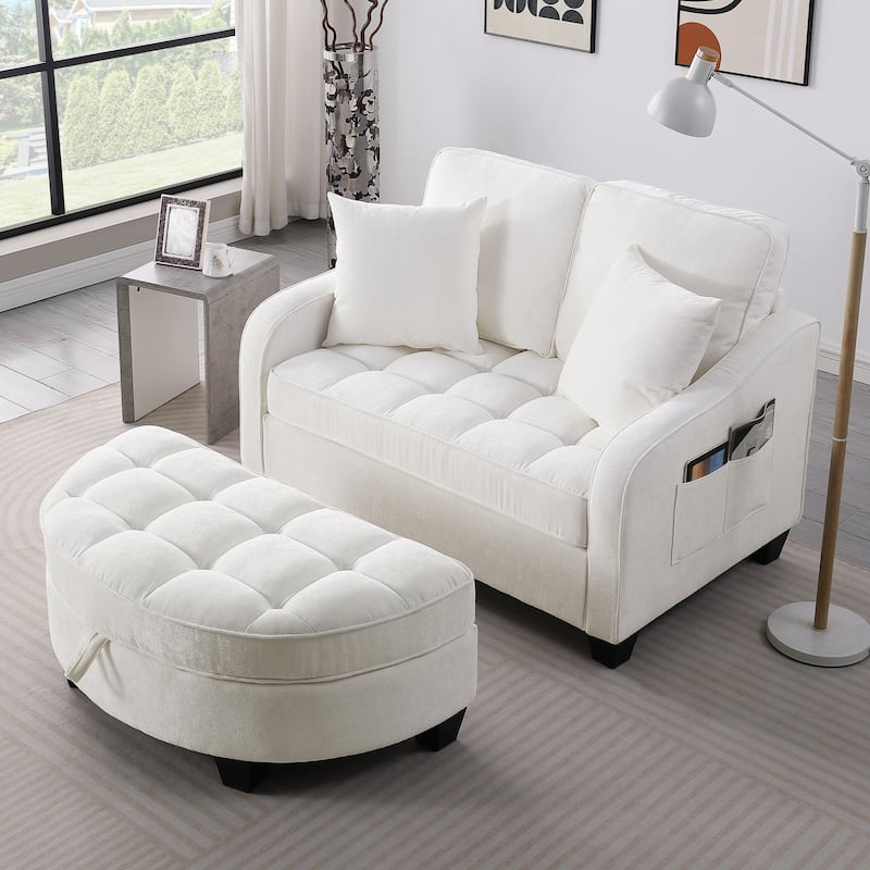 Roomfitters Two-Seater Sofa Chaise with Storage Ottoman, Irregular Armrests and Backrest, Upholstered Sofa with Pillows