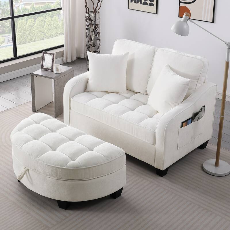 Two-Seater Chaise Lounge with Storage Footrest and Pillows, Irregular Armrest Design