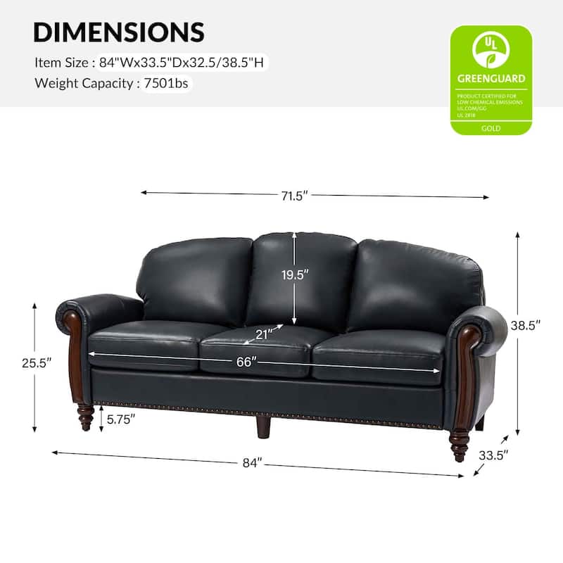 Eduard 84" Traditional Genuine Leather Sofa with Carved Wood Legs by HULALA HOME