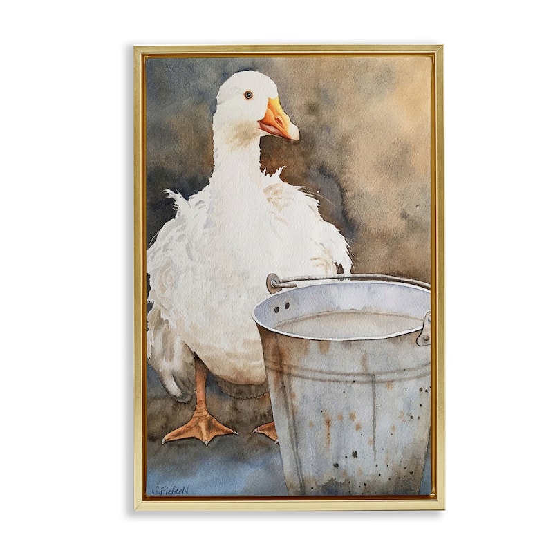 Stupell Duck & Country Pail Framed Floater Canvas Wall Art Design By Stephanie Fielden - 17 x 25 - Gold