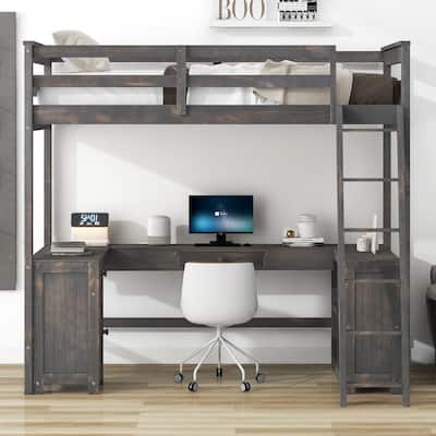 Nestfair Twin Size Loft Bed with U-shaped Desk, Drawers and Storage Shelves