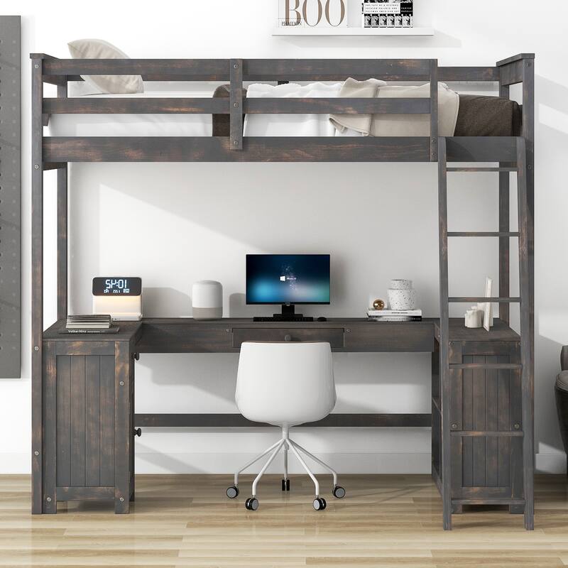 U-Shaped Desk Loft Bed with Storage Shelves & Drawers, Twin Size, Antique Brown