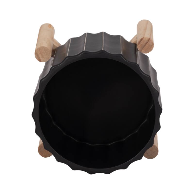 Ceramic Fluted Planter with Wood Stand - Black
